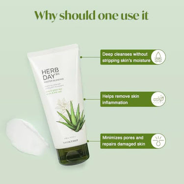 The Face Shop Herb day Cleansing Foam 170 ml | Face wash with aloe and green tea extracts | Face Wash for Dry Skin | Face wash that hydrates skin & maintains PH Level | Korean Skin care Products
